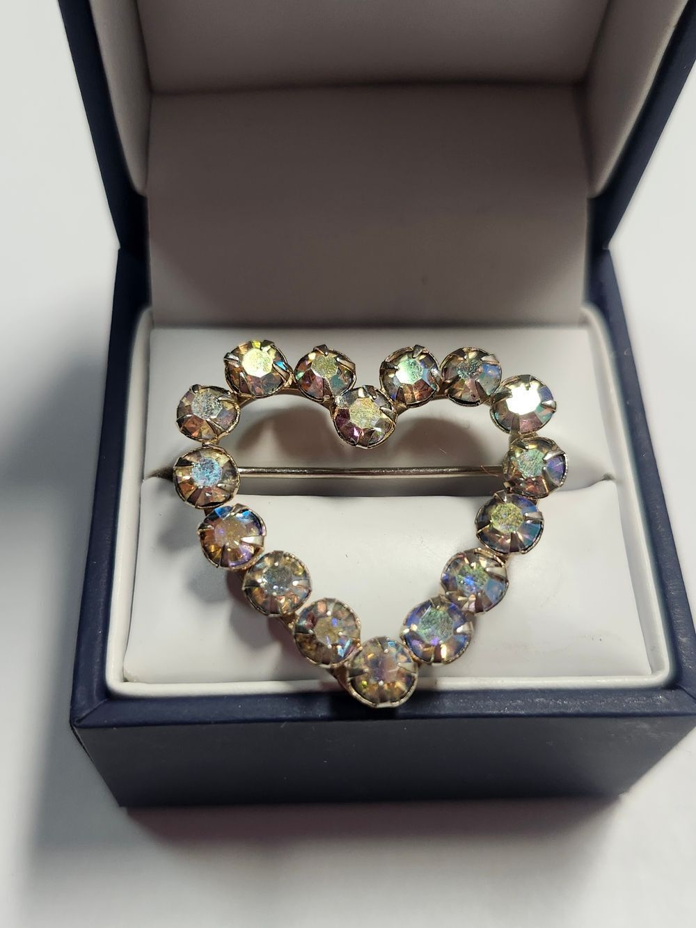 Heart-Shaped Crystal Brooch in Iridescent Gold Tone